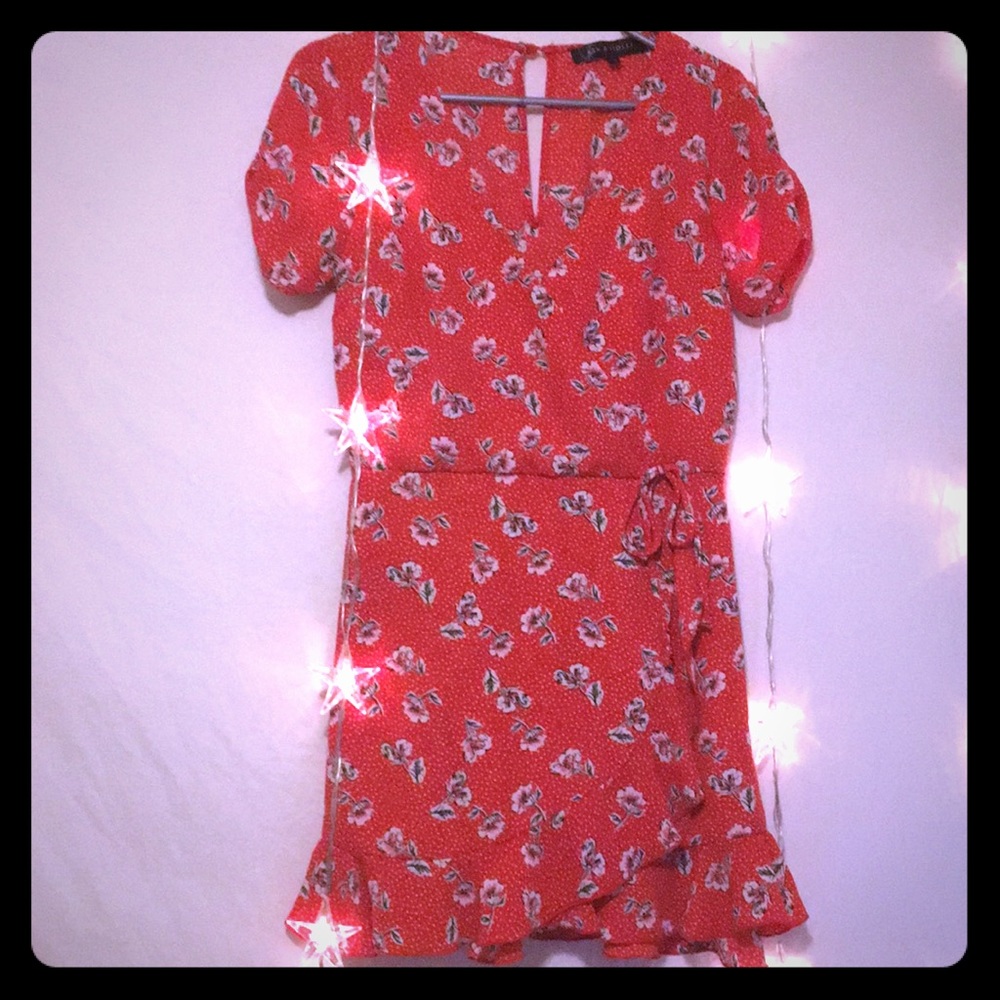 Red wrap dress with white dots and floral pattern